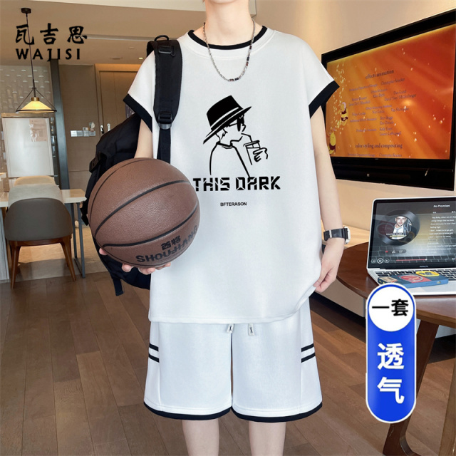 13666299.夏季无袖t恤男孩高中初中生冰丝背心短裤大童青少年夏装运动套装