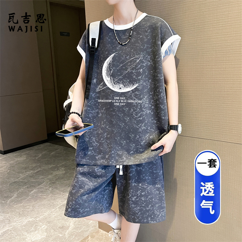 13666291.青少年无袖睡衣男款夏季冰丝背心短裤初中高中学生宽松家居服套装