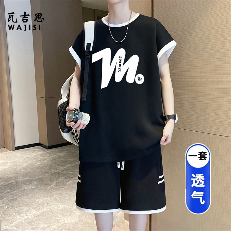 13666254.夏季睡衣短裤套装男生帅气棉质无袖t恤家居服青少年休闲运动衣服T