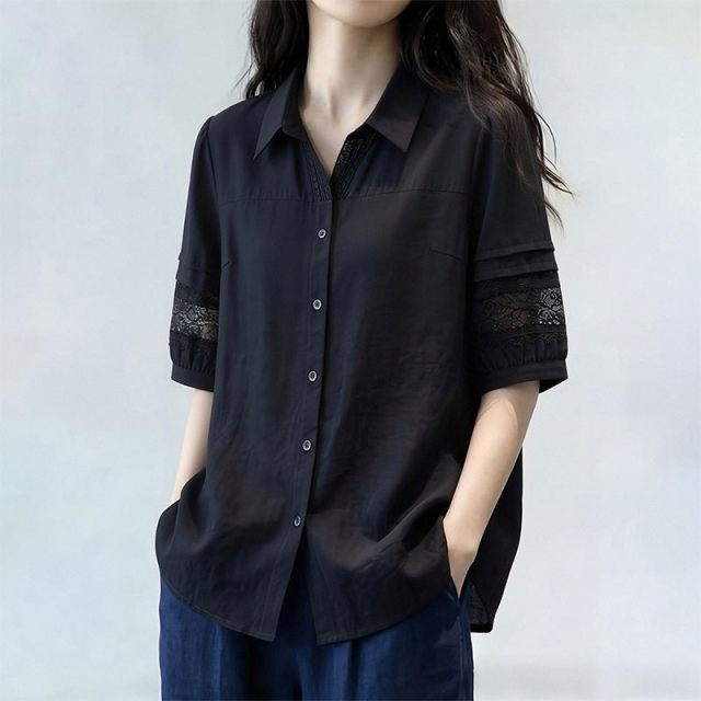 13665938.丹芙娅黑色短袖衬衫女2026年夏季新款宽松显瘦时尚减龄休闲蕾丝拼接上衣
