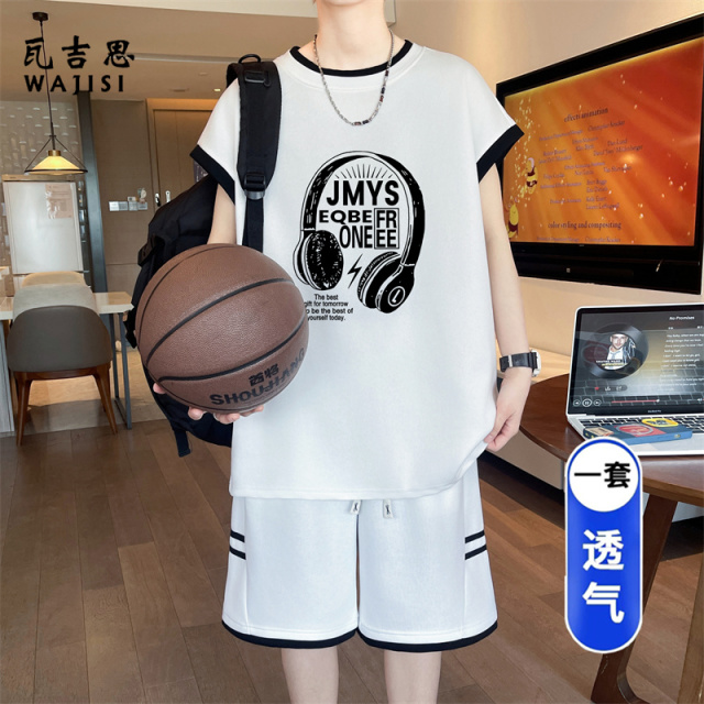 13666276.夏季薄款冰丝背心男孩初中生潮流无袖t恤青少年大童休闲运动套装