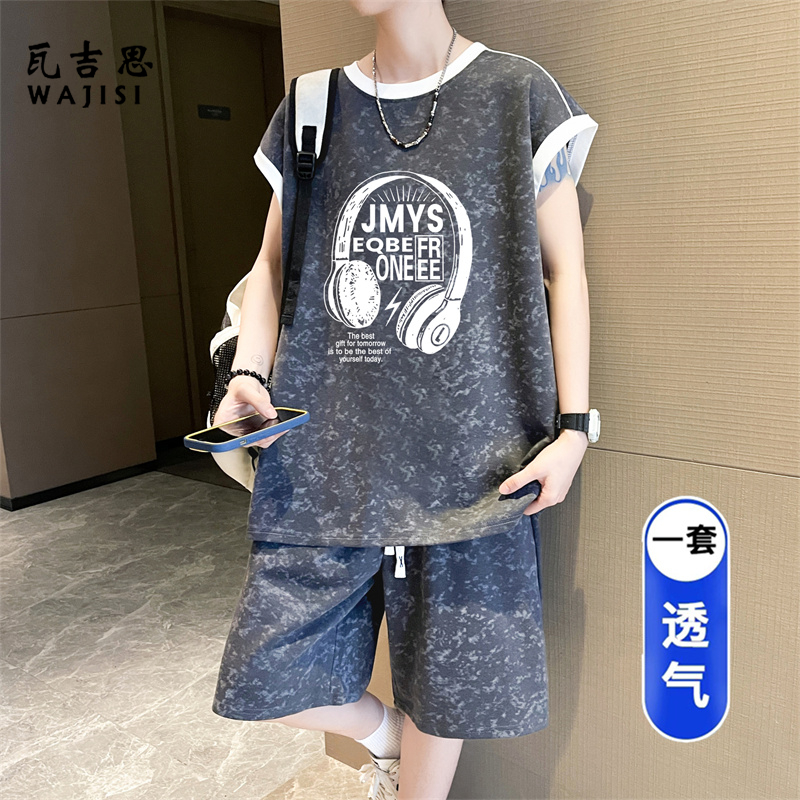 13666298.夏季青少年无袖t恤男新款初中学生潮牌帅气大童运动套装衣服