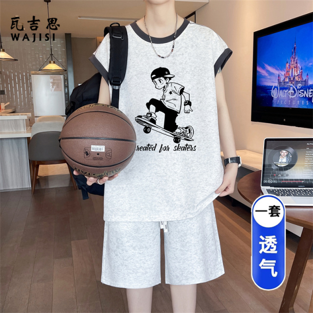 13666268.无袖休闲运动套装夏季美式滑板少年印花背心两件套男生帅气篮球服