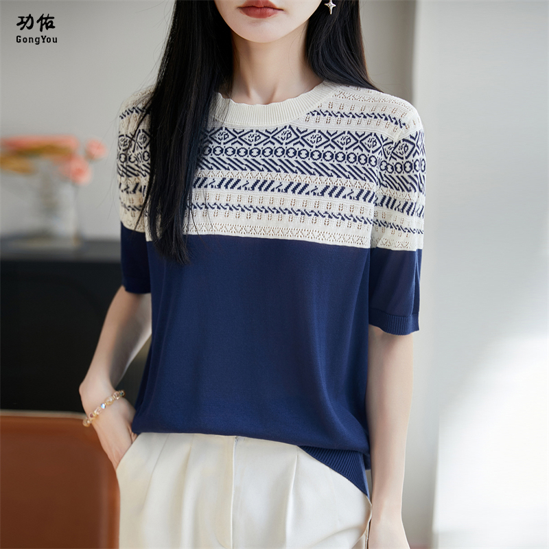 13665709.【功佑】圆领提花撞色针织短袖【莱赛尔】