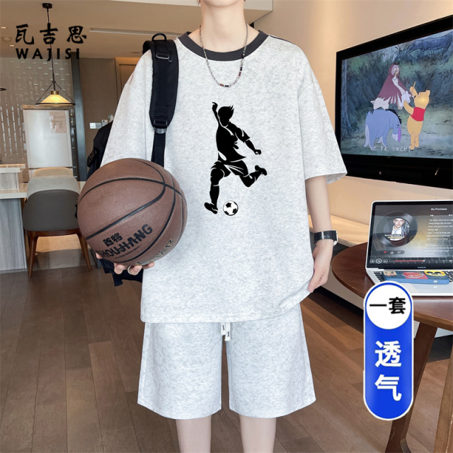 13666248.男大童短袖短裤两件套青少年夏季薄透气汗衫运动套装学生潮流t恤
