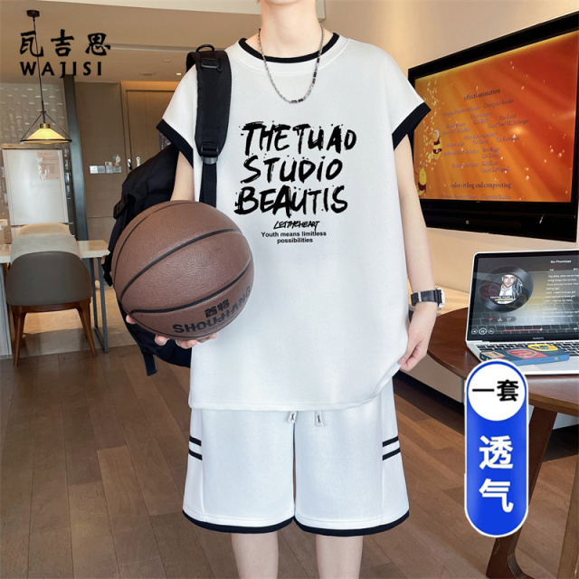 13666319.青少年休闲宽松时尚无袖背心短裤套装潮男士夏季新款透气外穿薄款