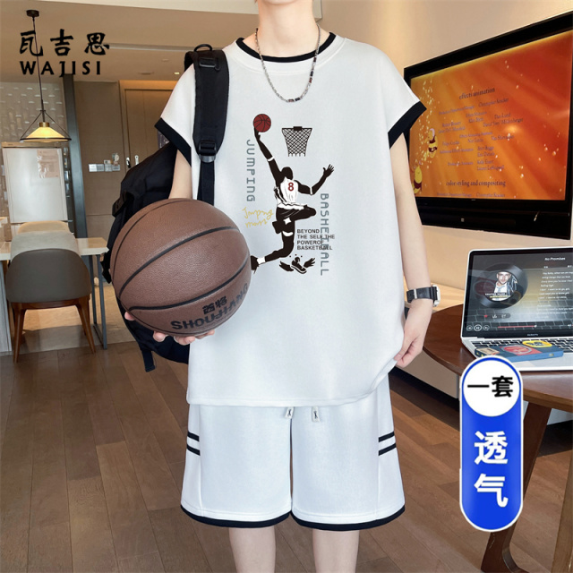 13666237.夏季新款无袖篮球服套装男青少年学生宽松休闲运动潮牌男装两件套