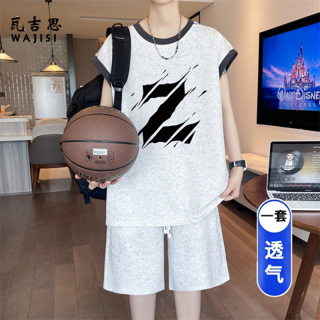 13666300.新款无袖t恤男孩初中学生青少年大童夏季背心短裤套装运动服