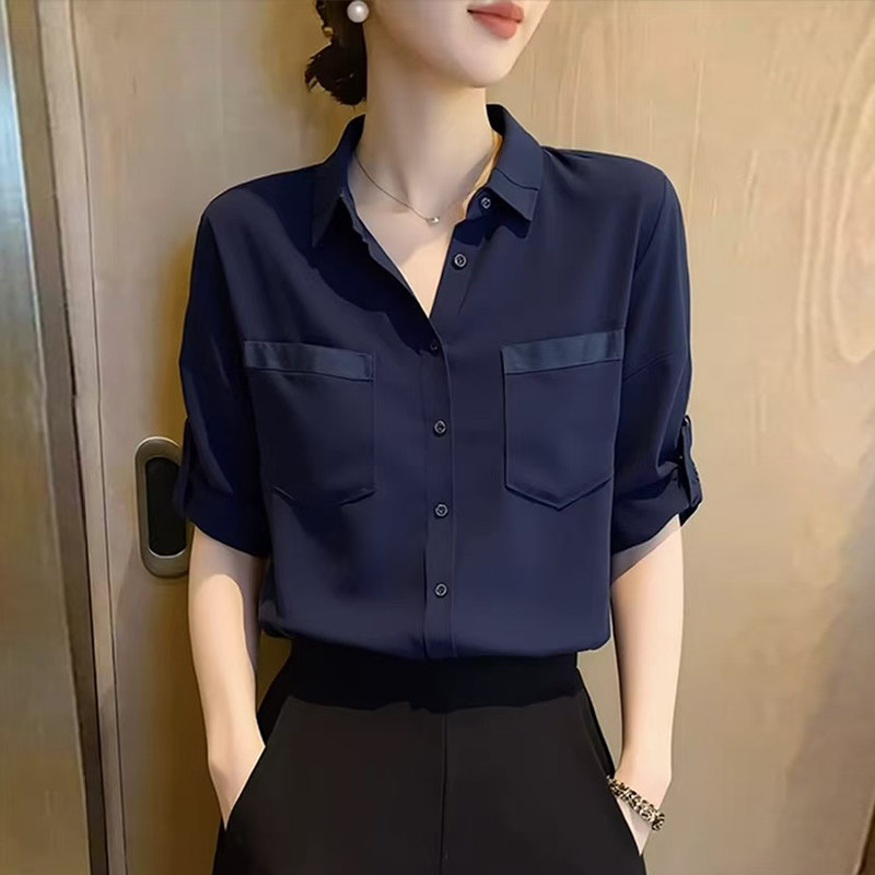 13665913.丹芙娅蓝色翻领衬衫女士2026夏季新款时尚宽松显瘦上衣