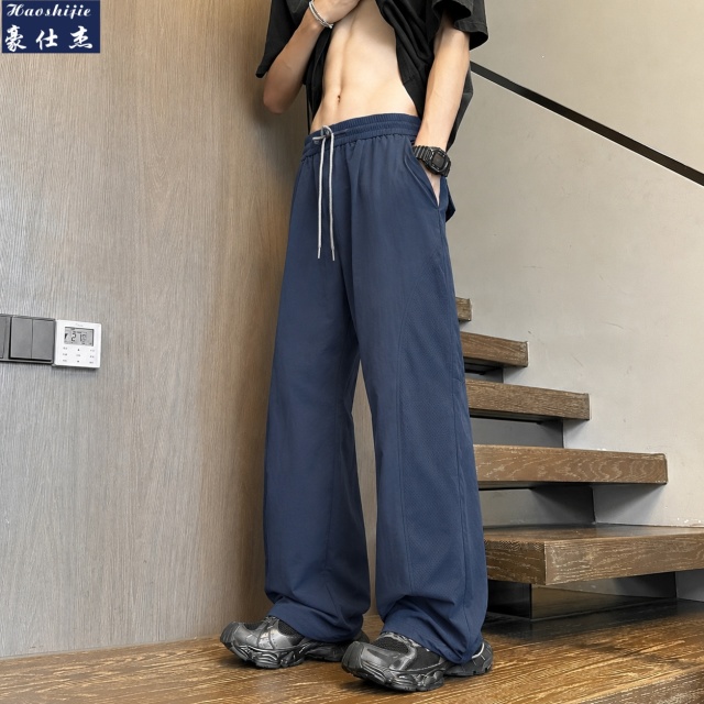 13666337.《舒适透气》夏季薄款美式潮流休闲网孔冰丝裤男士速干直筒裤