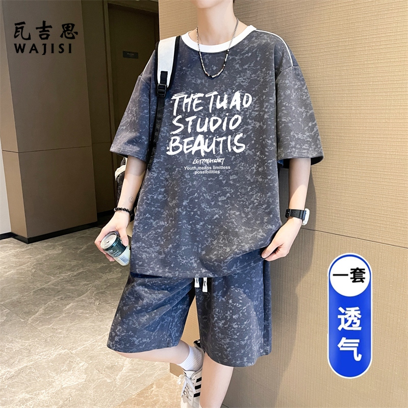 13666275.男大童短袖短裤两件套青少年夏季薄透气运动套装学生潮流t恤汗衫