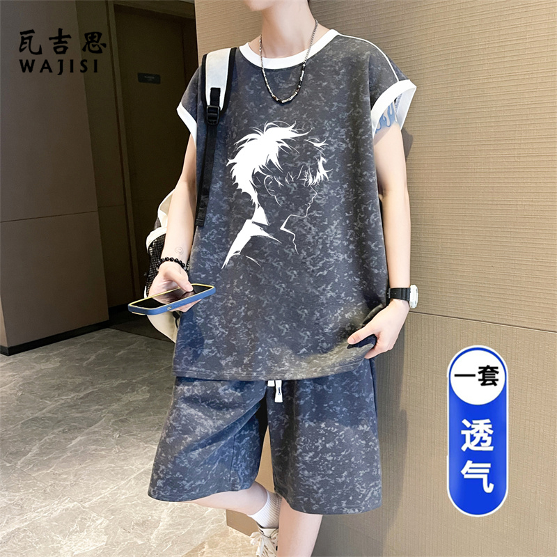 13666246.冰丝背心套装男夏季薄款无袖t恤男装青少年休闲短裤运动篮球服装
