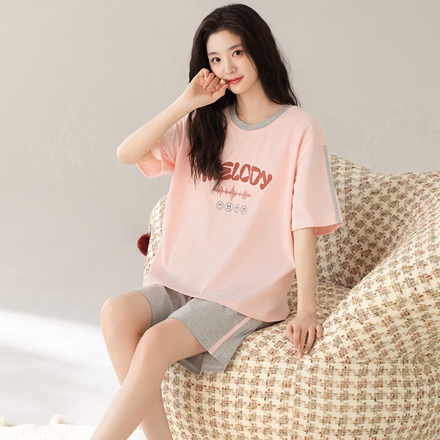 13668777.雅鹿女士100%纯棉睡衣套装夏短袖短裤宽松亲肤透气柔软简约舒适可外穿
