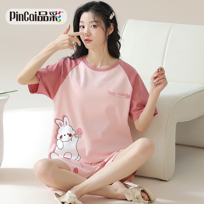 13668555.品彩【慵懒松弛感】小清新睡衣女圆领短袖短裤两件套25596
