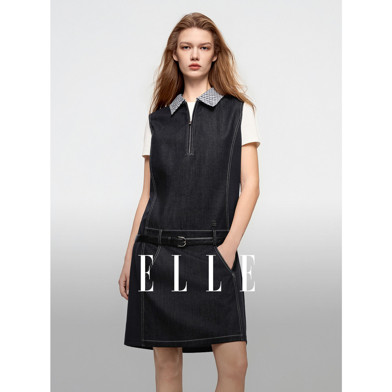 13667308.ELLE牛仔格纹拼接连衣裙法式学院风撞色背心短裙