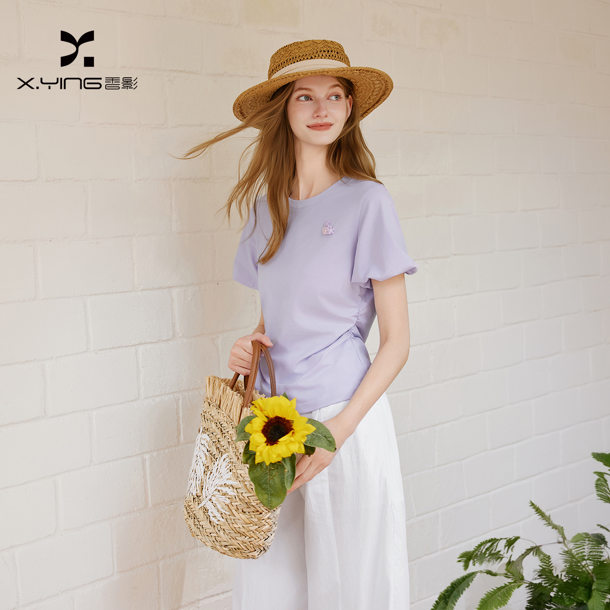 13668736.香影紫色圆领泡泡袖t恤女2026夏秋新款立体花朵短袖掐腰棉质上衣