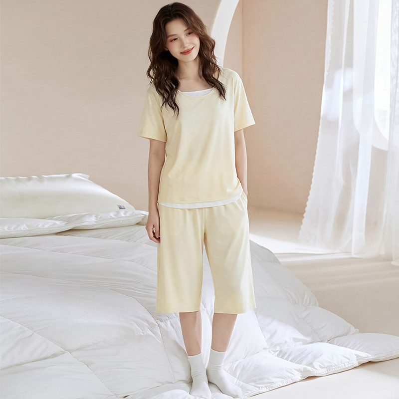 13668774.雅鹿女士家居服100%棉女短袖七分裤睡衣套装夏宽松透气亲肤可外穿女生