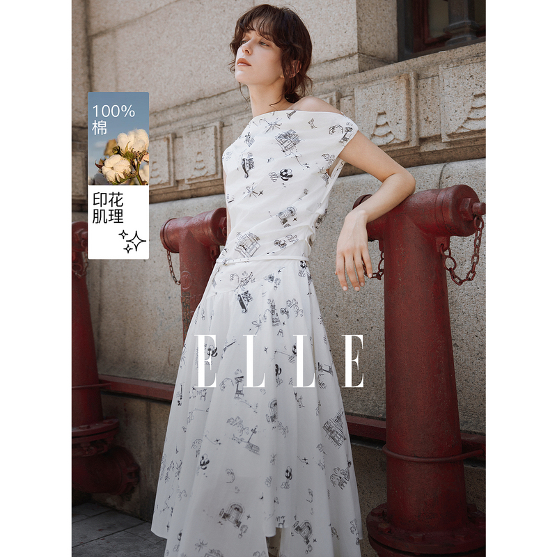 13667315.ELLE纯棉印花斜肩收腰连衣裙女法式优雅风不规则长裙