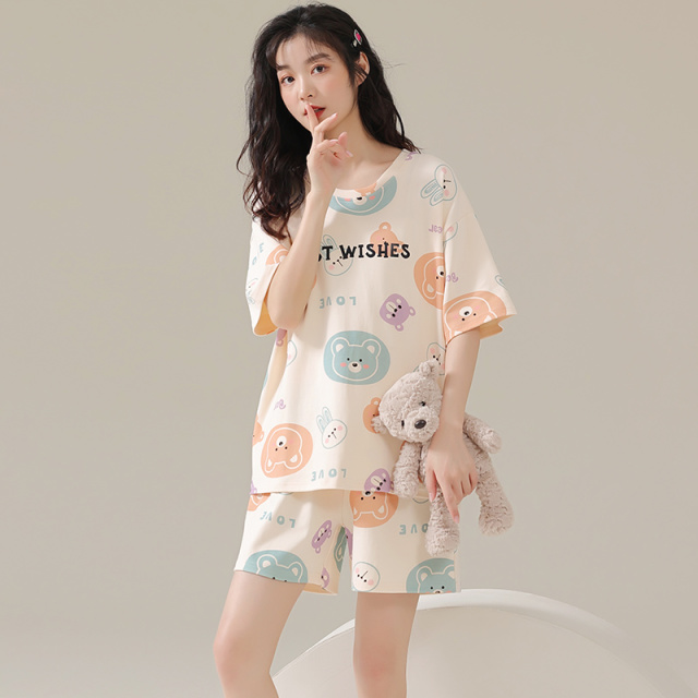 13668556.品彩【慵懒松弛感】小清新睡衣女圆领短袖短裤两件套25233