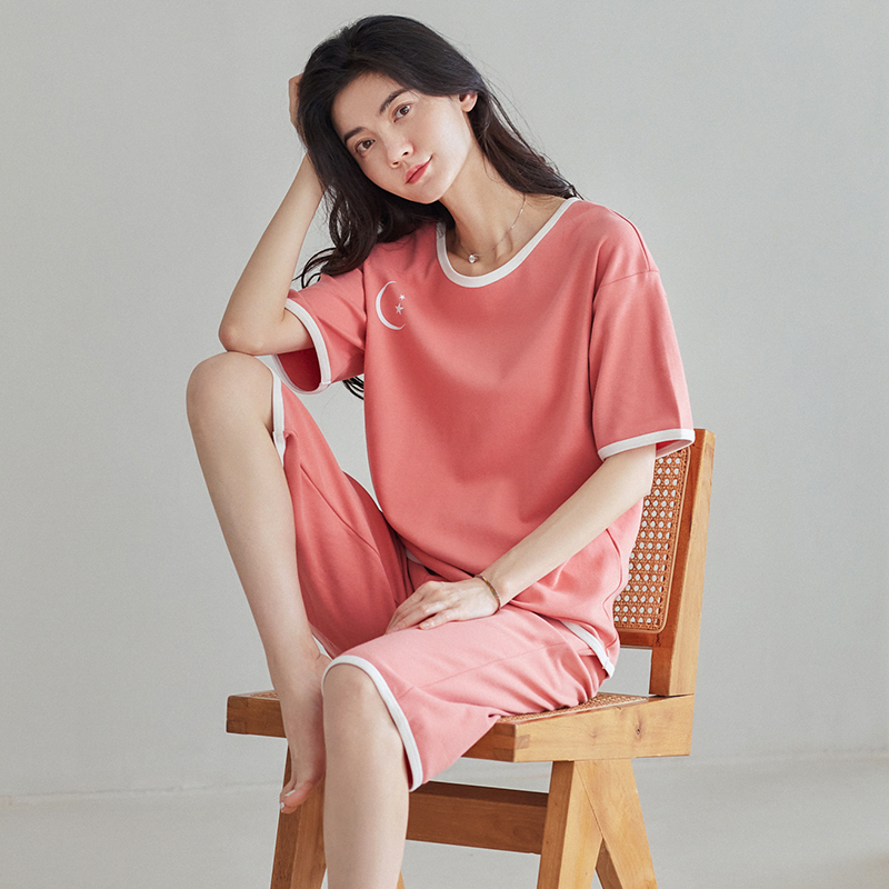 13668857.雅鹿女士纯棉短袖七分裤睡衣套装宽松亲肤透气柔软舒适可外穿家居服女生睡衣夏季舒适