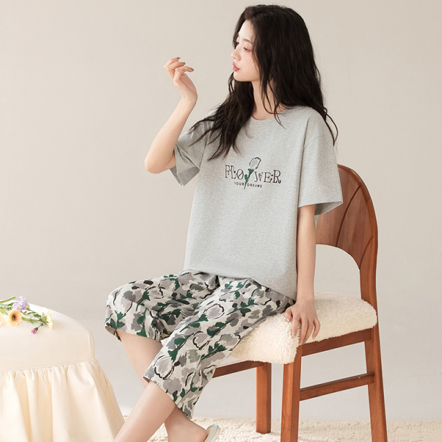 13668774.雅鹿女士家居服100%棉女短袖七分裤睡衣套装夏宽松透气亲肤可外穿女生