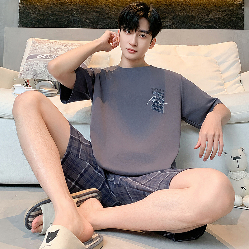 13668764.雅鹿男士100%纯棉睡衣套装短袖短裤宽松大码亲肤透气可外穿夏季家居服