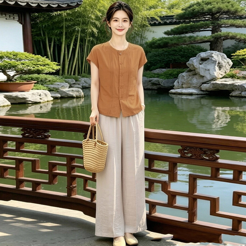 13669701.妈妈装圆领短袖时尚衬衫+裤子两件套装QYPZS2630