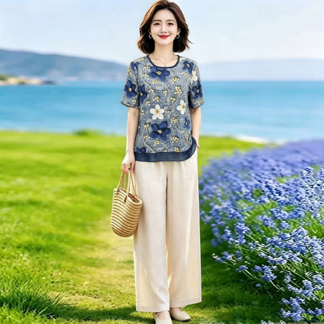 13669704.妈妈装夏季圆领花色T恤+裤子时尚两件套装QYPZS2635