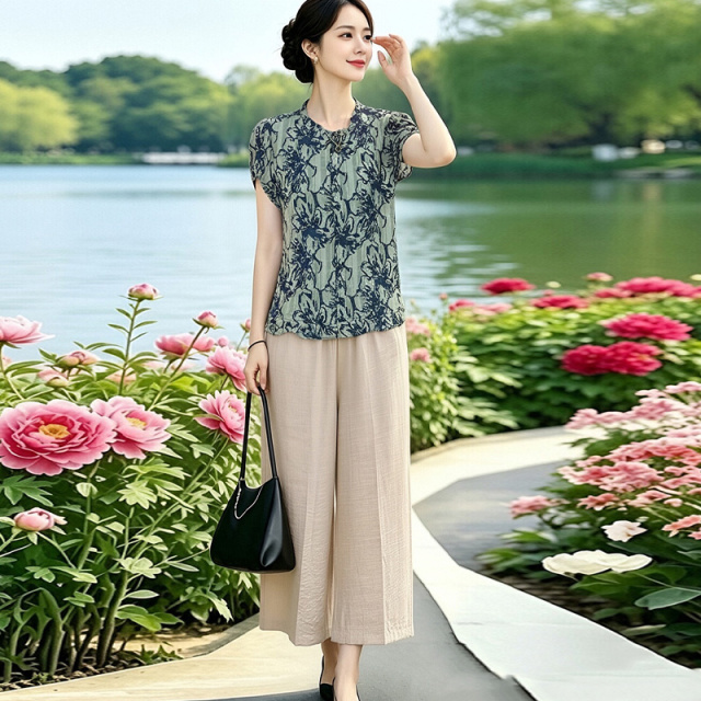 13670332.妈妈装夏季花色衬衫+裤子时尚两件套装BTY26825