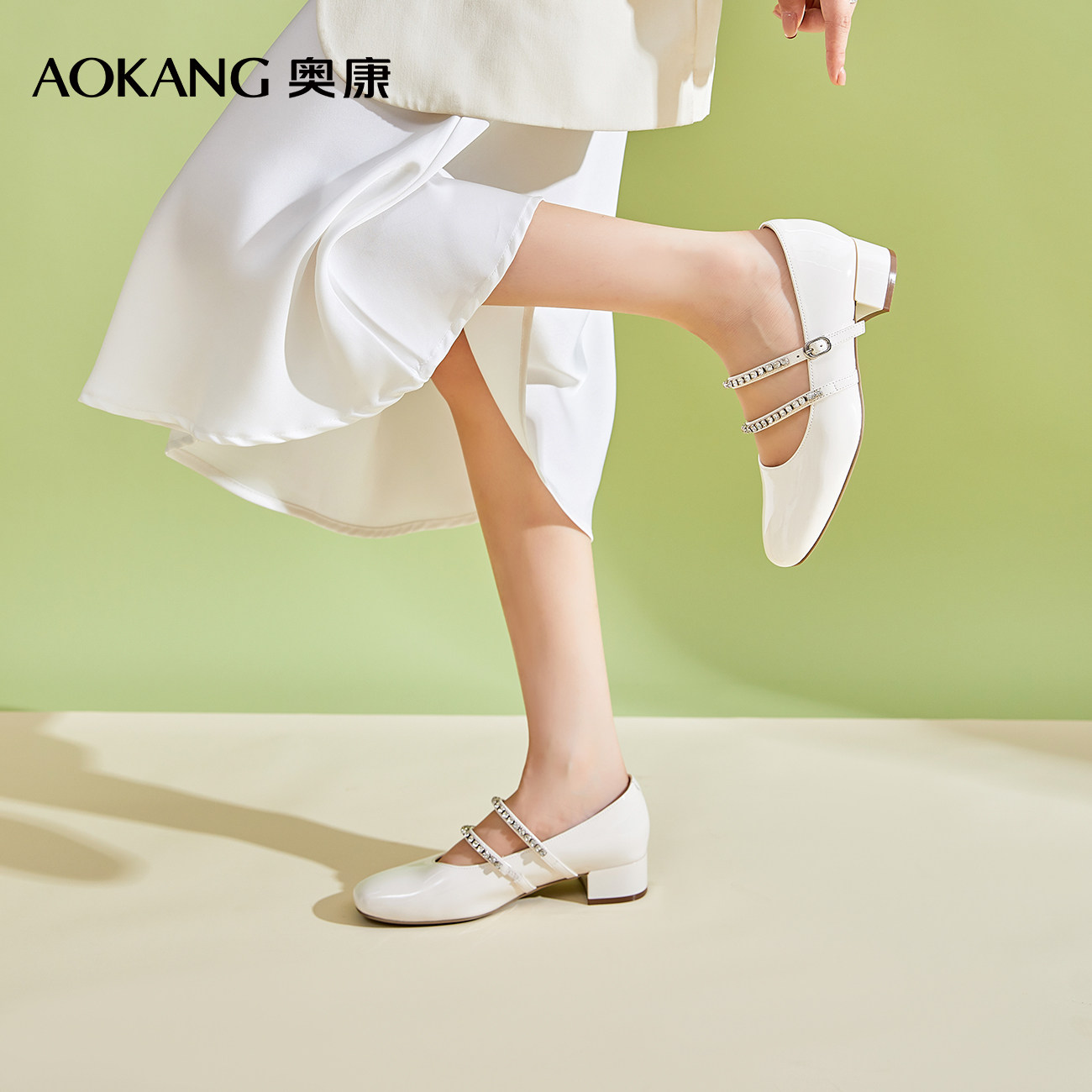 13669653.【法式优雅】奥康 女鞋浅口单鞋双鞋带玛丽珍配裙优雅通勤中跟鞋
