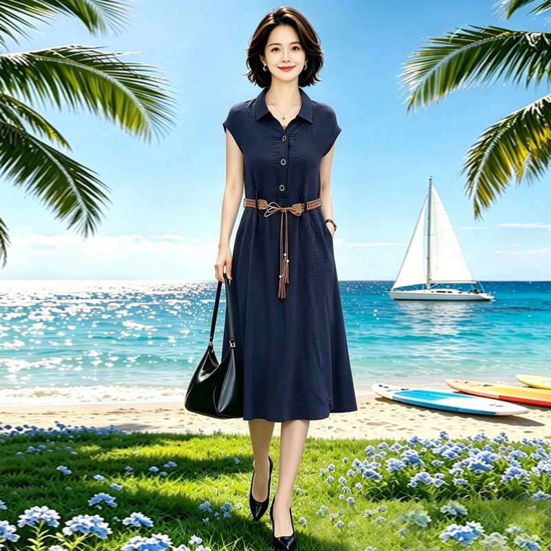 13669700.妈妈装夏季翻领显瘦时尚优雅连衣裙Q6JCFH615