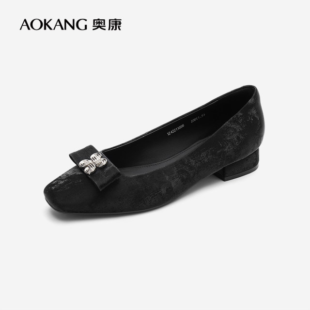 13669659.【新中式|优雅】奥康女鞋 新中式简约方头粗跟国风通勤浅口蝴蝶结气质女单鞋