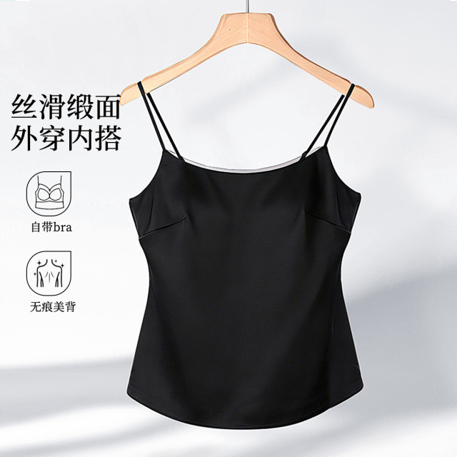 13669634.【文胸&吊带二合一】女士自带杯垫简约丝滑缎面优雅细肩带背心
