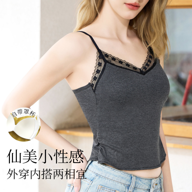 13670431.【免穿文胸】蕾丝性感美背带胸垫吊带背心内衣女可外穿打底上衣