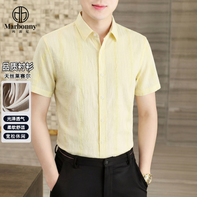 13670694.新款夏季天丝莱赛尔暗条宽松休闲短袖衬衫