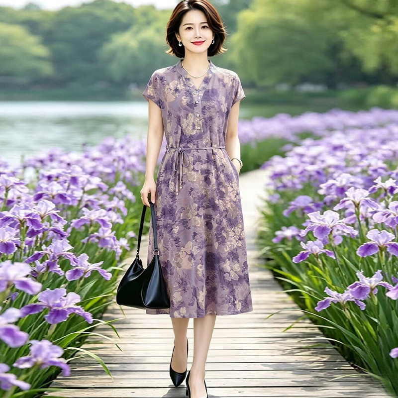 13669705.妈妈装夏季V领印花显瘦时尚连衣裙QSJE316