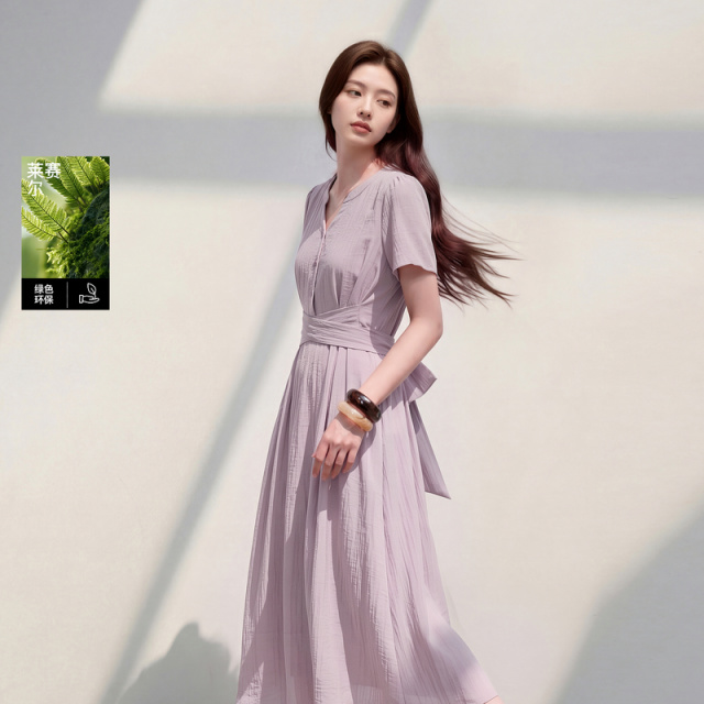 13671506.【莱赛尔亚麻】三彩若潮大码女装2026夏季新款连衣裙藏肉微胖MM