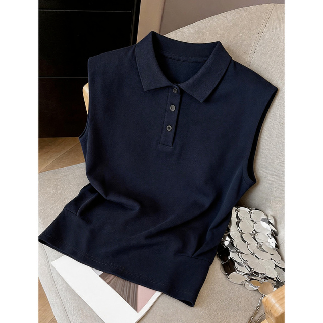 13671136.瑞品集团JEANS【凉感索罗娜】夏季通勤风polo领宽肩无袖收腰小个子女式t恤