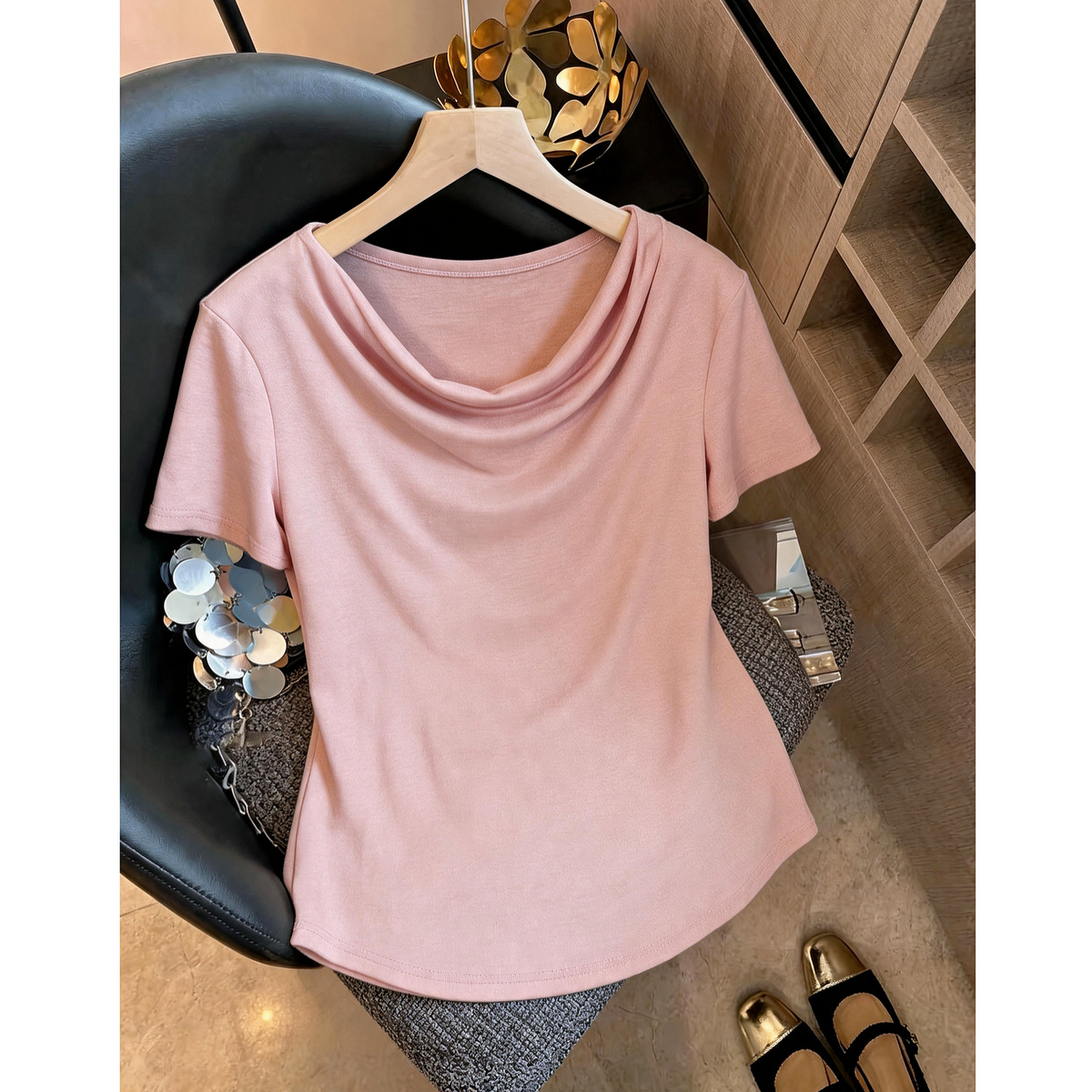 13671138.瑞品集团JEANS【含绵羊毛莱赛尔】夏季垂感荡领短袖弹力显瘦气质小个子女式t恤