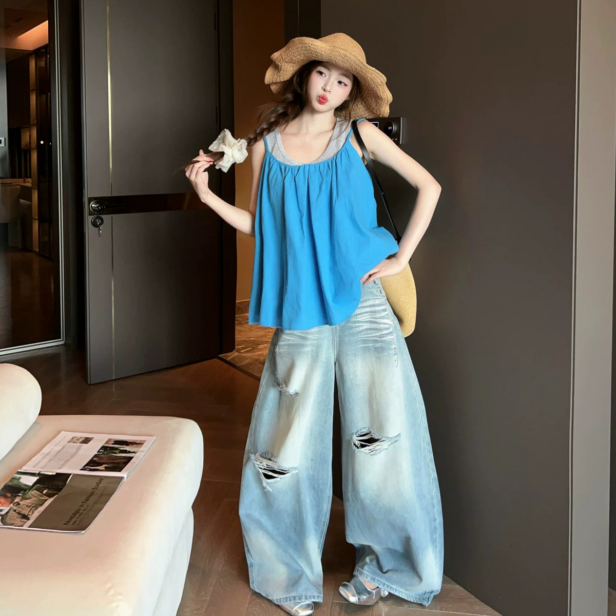 13671668.【自在呼吸棉】夏季甜美风撞色无袖套装外搭吊带内搭背心女两件套