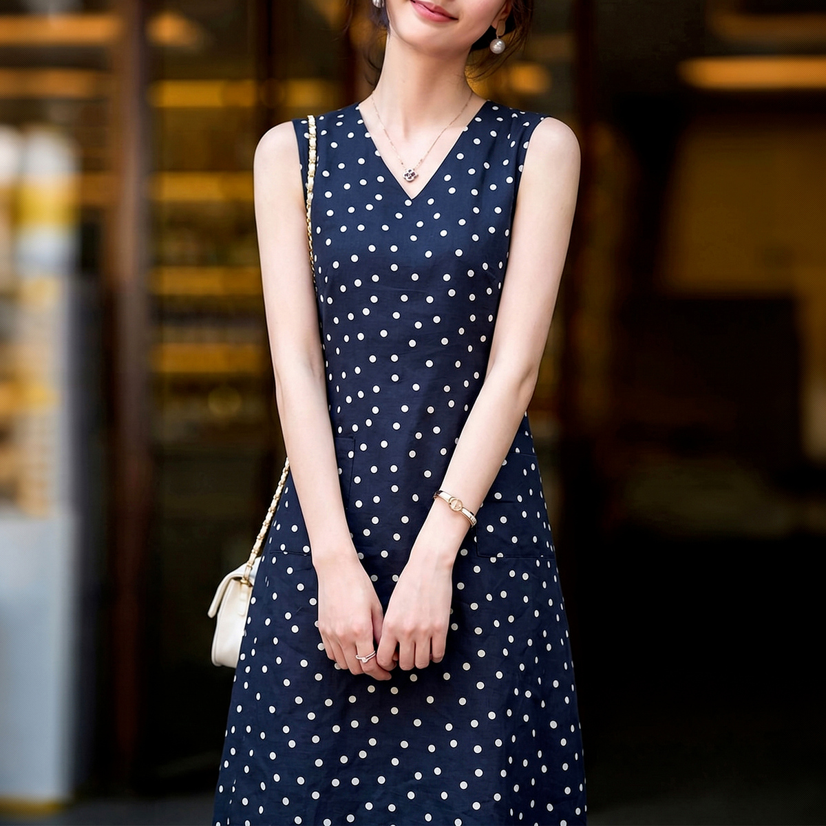 13671557.【桑蚕丝棉混纺】夏季法式V领波点无袖收腰显瘦连衣裙女小个子