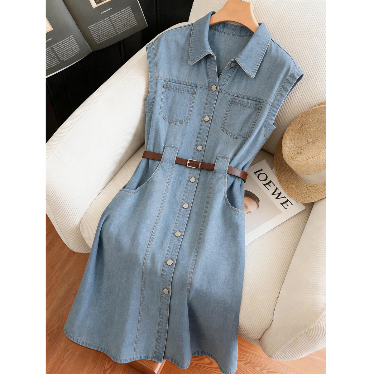 13671135.瑞品集团JEANS【水洗云氧棉】夏季复古风V字翻领PU腰带显瘦休闲女牛仔连衣裙