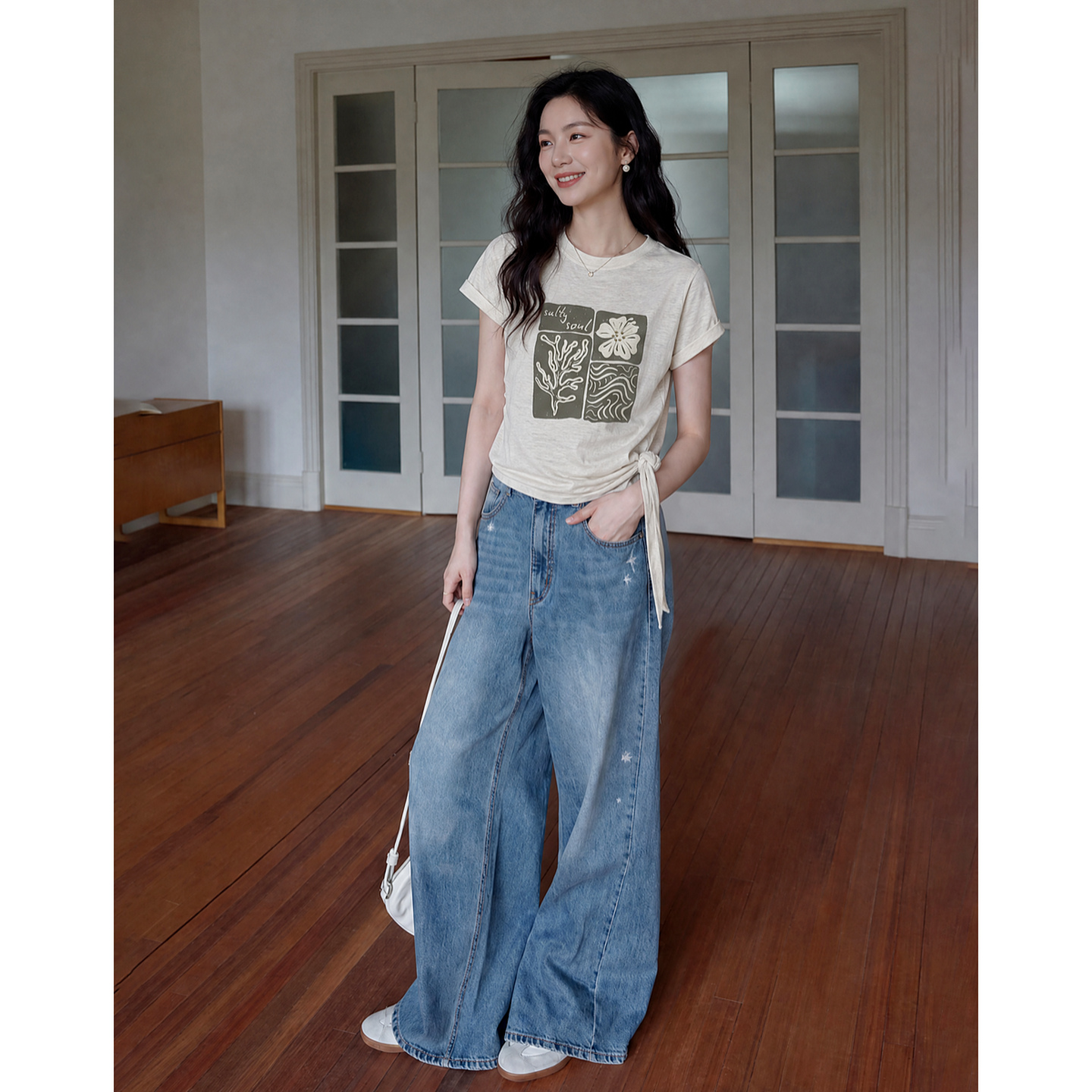 13671466.【自由呼吸棉】夏季时尚潮流印花圆领短袖下摆绑带设计感女式t恤