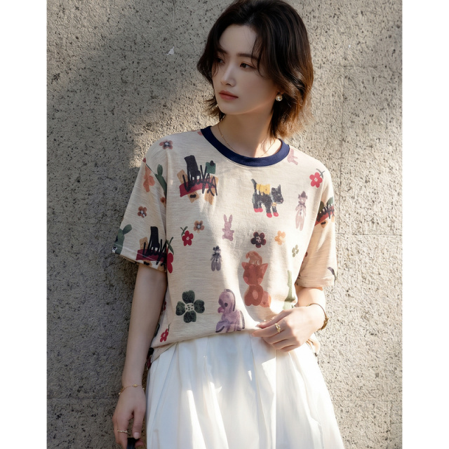 13671593.【童趣一"夏"】夏季卡通涂鸦印花撞色圆领短袖舒适显瘦女式t恤