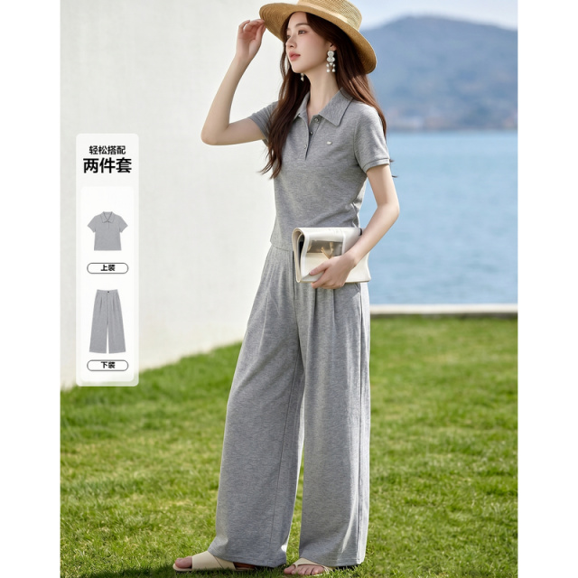 13671613.【呼吸棉套装】夏季简约风Polo领短袖上衣高腰阔腿裤女两件套