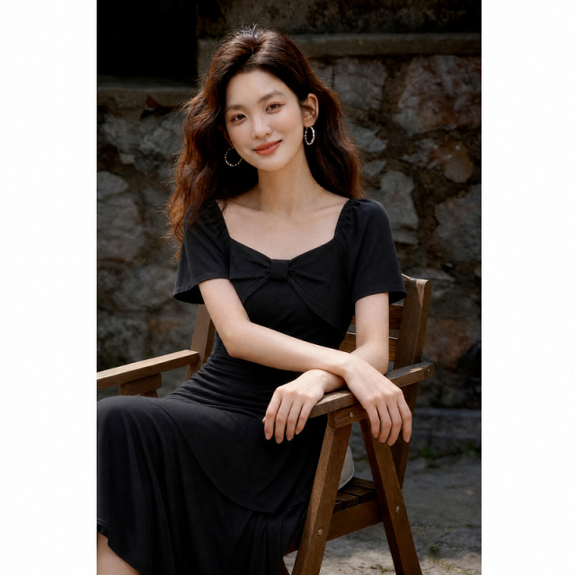 13671859.【拼接莱赛尔】夏季法式蝴蝶结方领收腰不规则下摆小个子女连衣裙