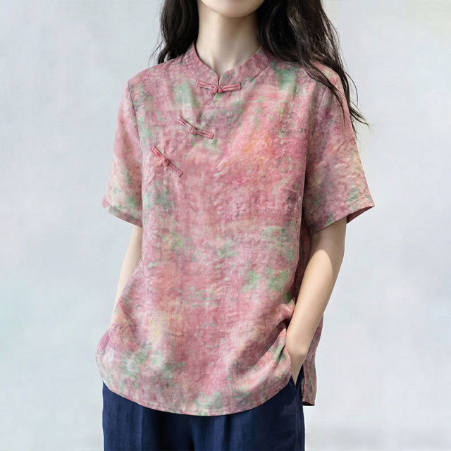 13672354.丹芙娅新中式粉色立领衬衫女2026夏季新款宽松大码显瘦复古印花国风上衣