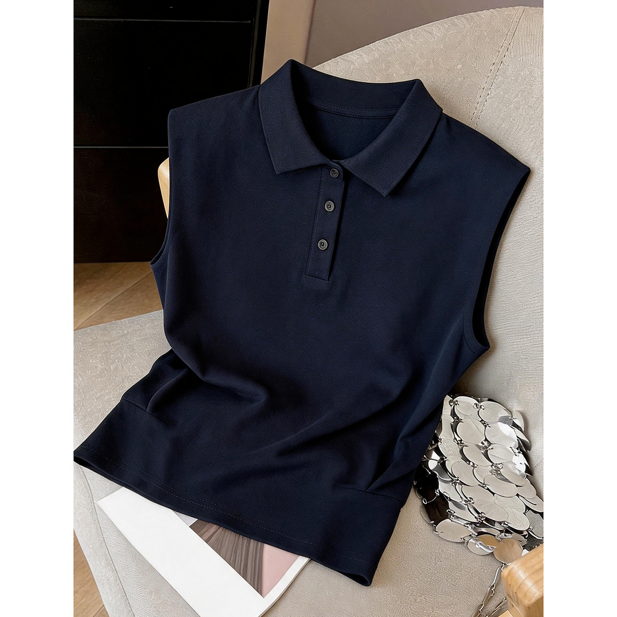 13671136.瑞品集团JEANS【凉感索罗娜】夏季通勤风polo领宽肩无袖收腰小个子女式t恤