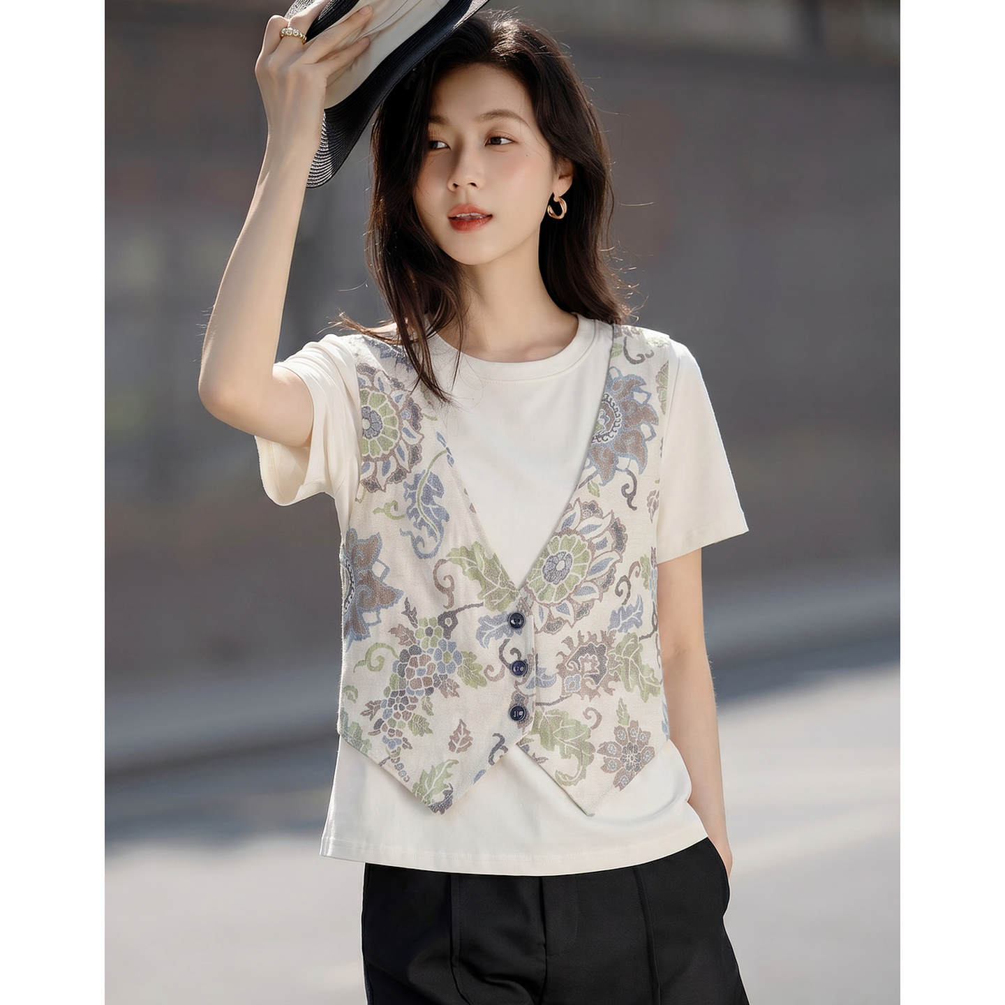 13671130.【文艺通勤】夏季假两件拼接圆领短袖时尚休闲显瘦设计感女式t恤