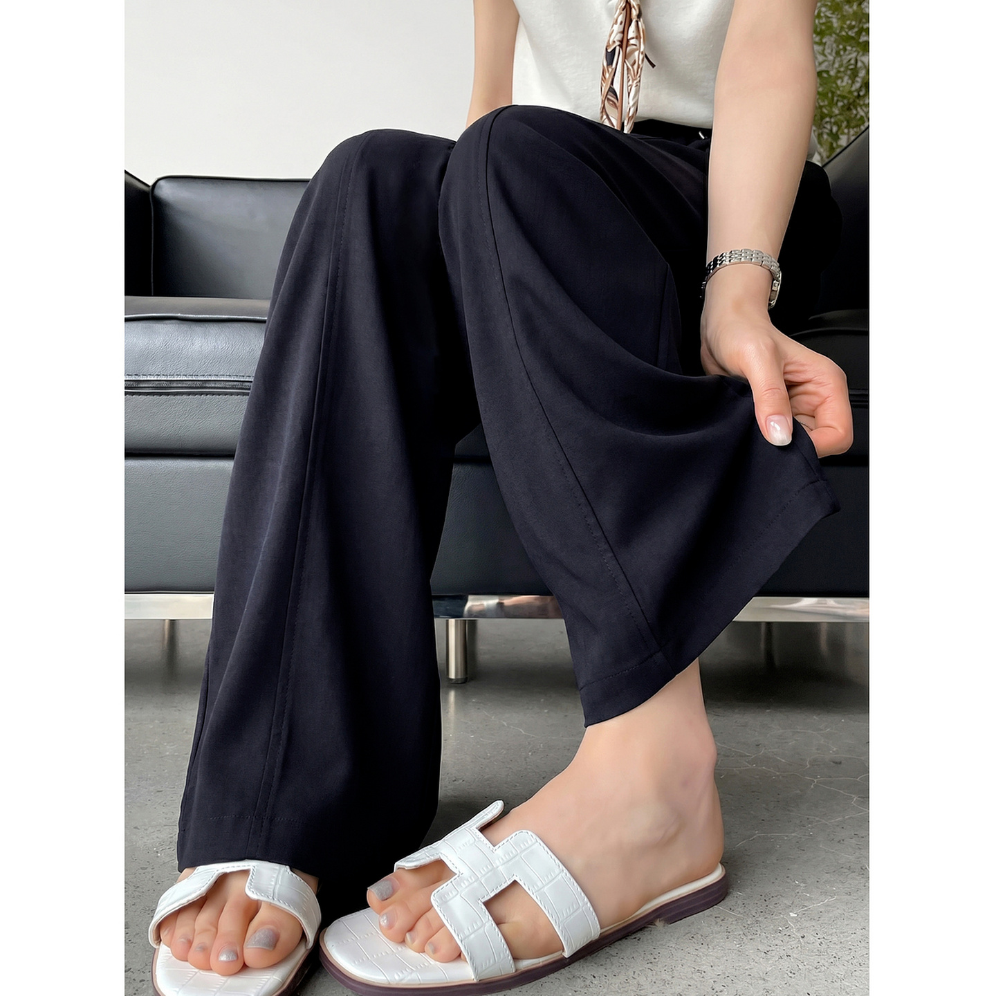13671844.【含舒爽亚麻】夏季简约通勤松紧腰阔腿裤含腰带流苏吊坠女休闲裤